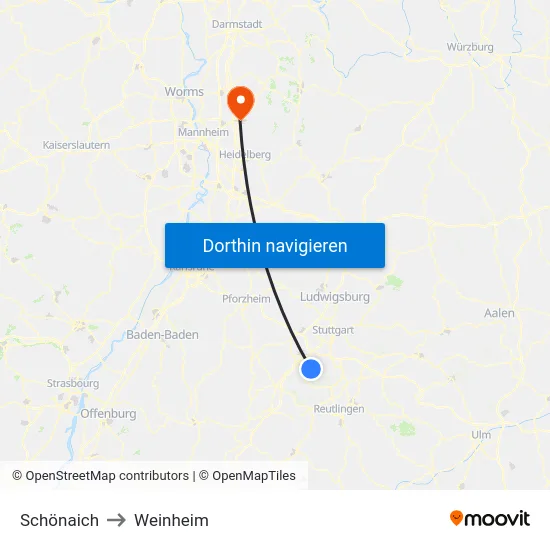 Schönaich to Weinheim map