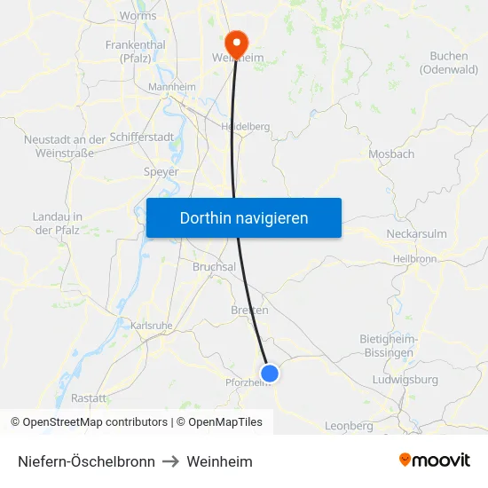 Niefern-Öschelbronn to Weinheim map