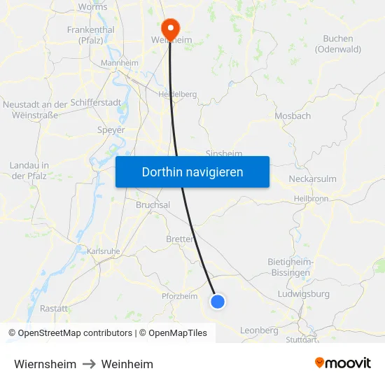 Wiernsheim to Weinheim map
