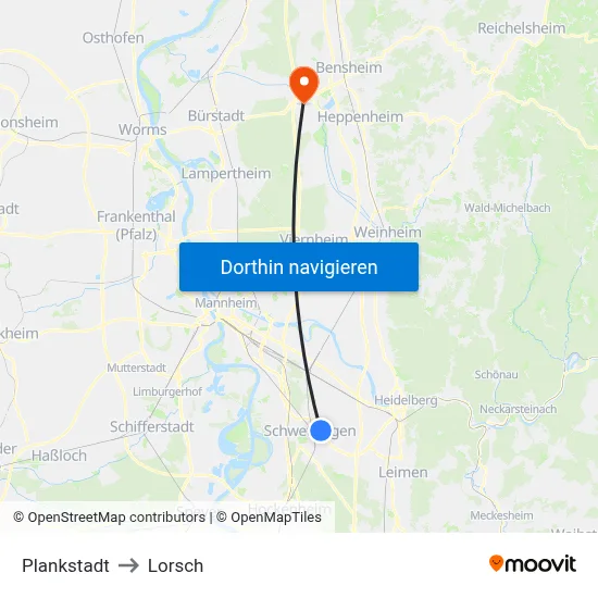 Plankstadt to Lorsch map