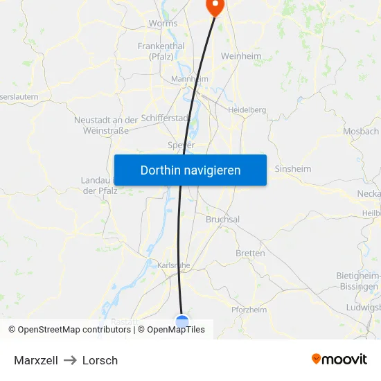 Marxzell to Lorsch map