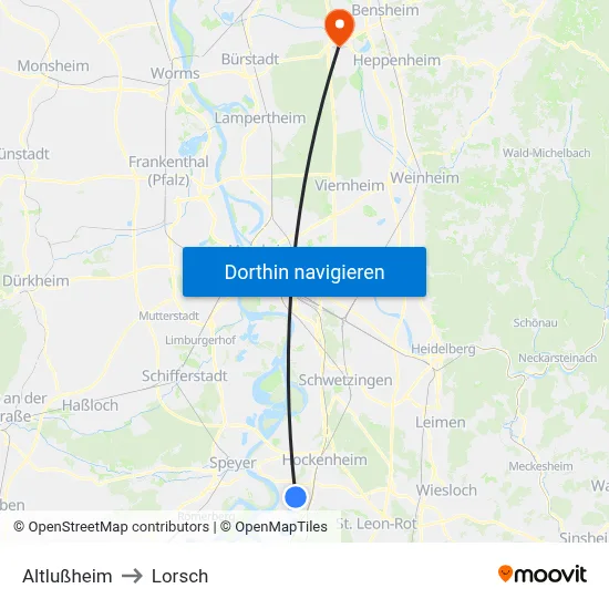 Altlußheim to Lorsch map