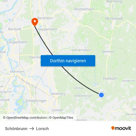 Schönbrunn to Lorsch map
