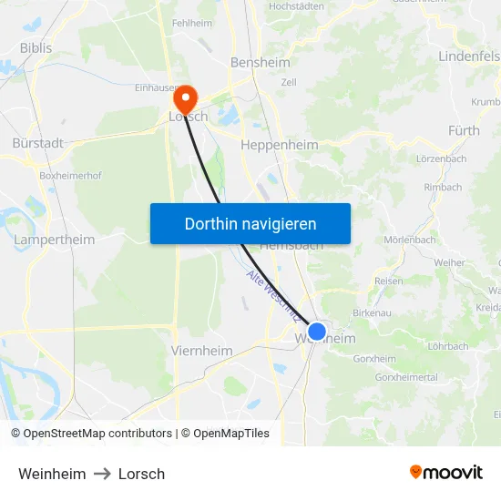 Weinheim to Lorsch map