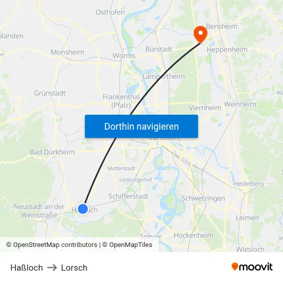 Haßloch to Lorsch map