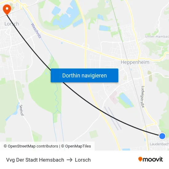 Vvg Der Stadt Hemsbach to Lorsch map