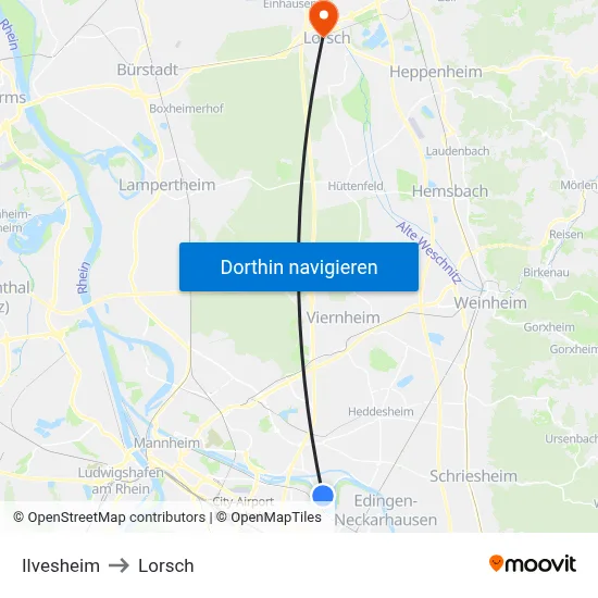 Ilvesheim to Lorsch map