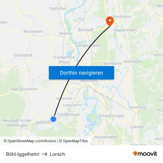 Böhl-Iggelheim to Lorsch map