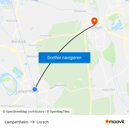 Lampertheim to Lorsch map