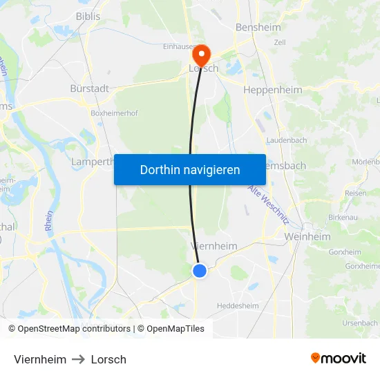 Viernheim to Lorsch map