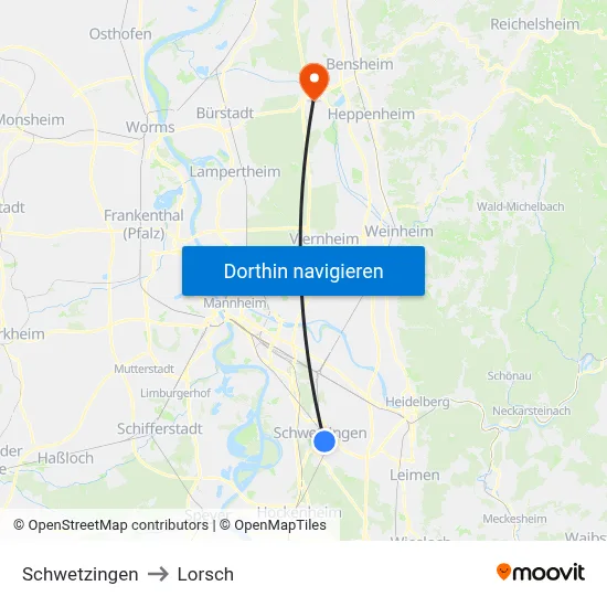 Schwetzingen to Lorsch map