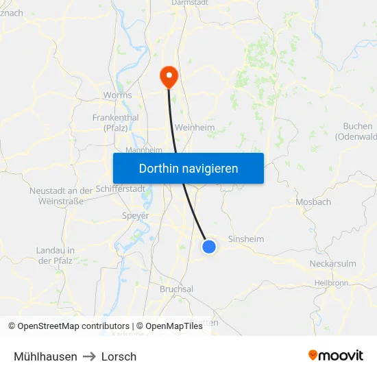 Mühlhausen to Lorsch map