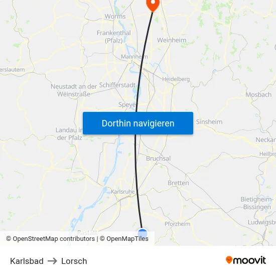 Karlsbad to Lorsch map