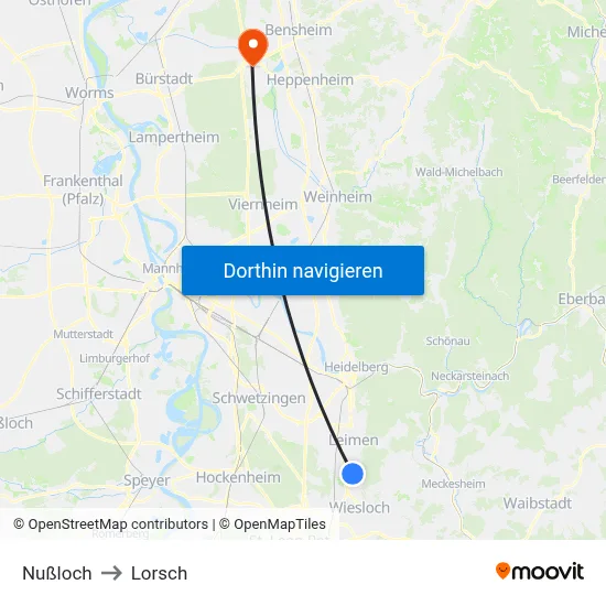 Nußloch to Lorsch map