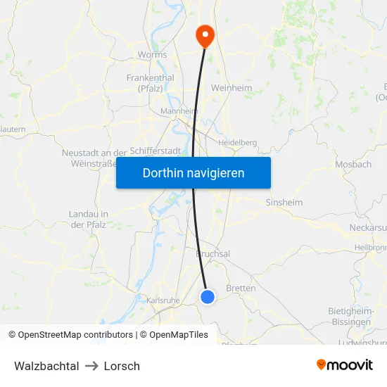 Walzbachtal to Lorsch map