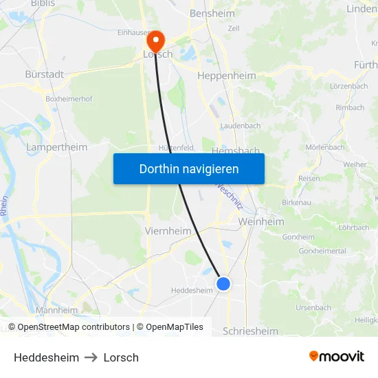 Heddesheim to Lorsch map