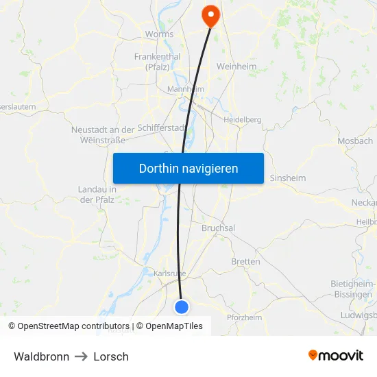 Waldbronn to Lorsch map