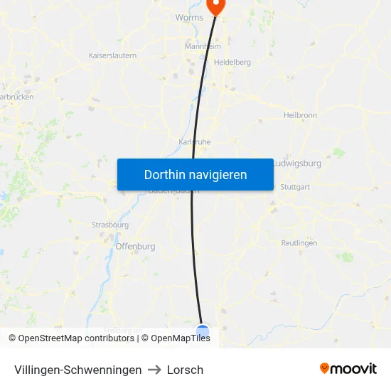 Villingen-Schwenningen to Lorsch map