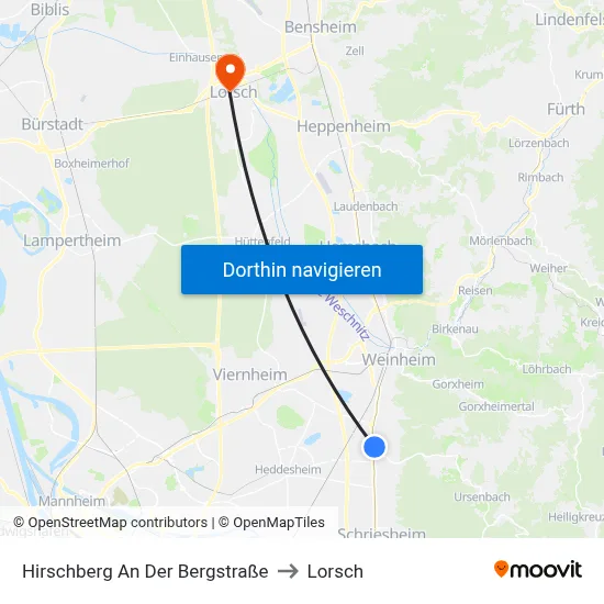 Hirschberg An Der Bergstraße to Lorsch map