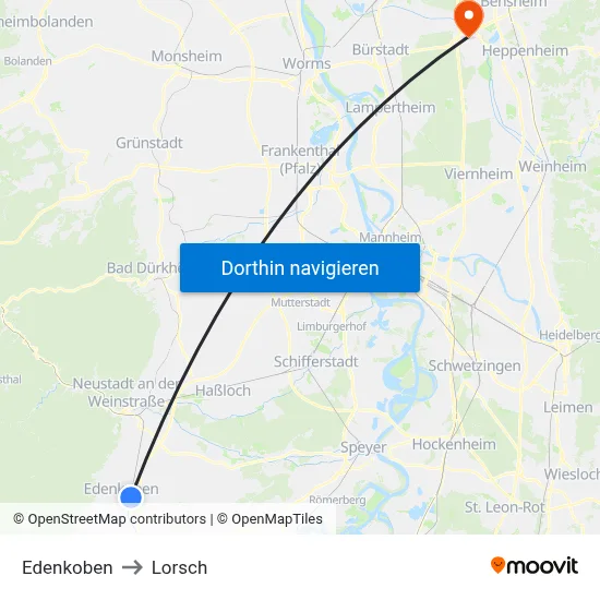 Edenkoben to Lorsch map