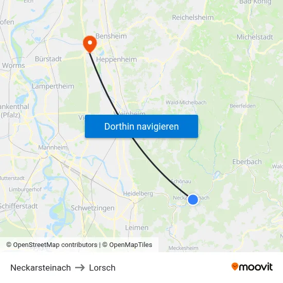 Neckarsteinach to Lorsch map