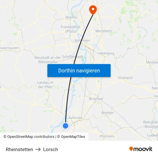 Rheinstetten to Lorsch map