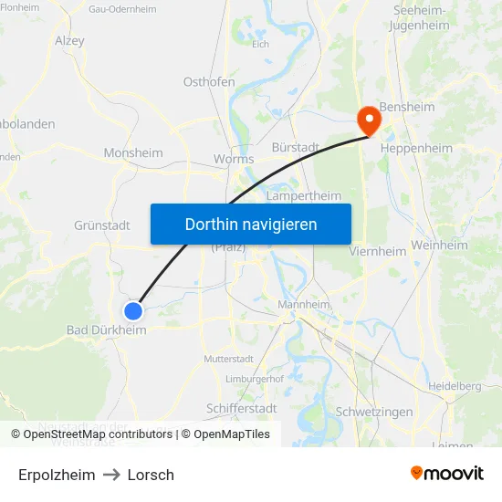 Erpolzheim to Lorsch map