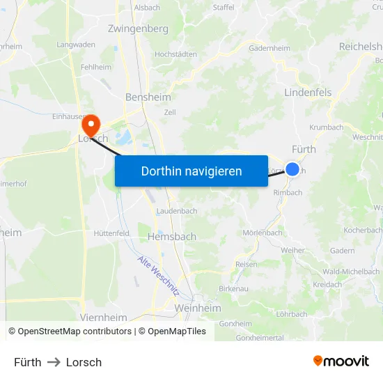 Fürth to Lorsch map