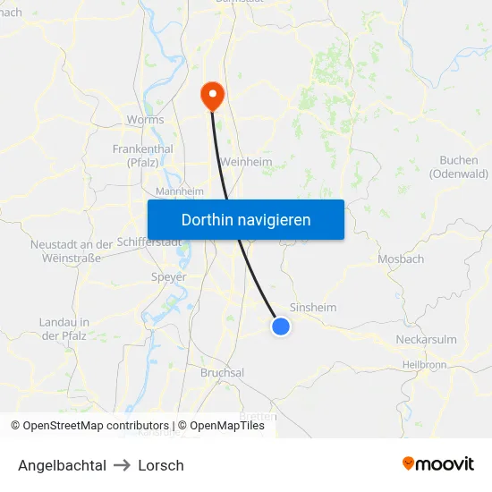 Angelbachtal to Lorsch map