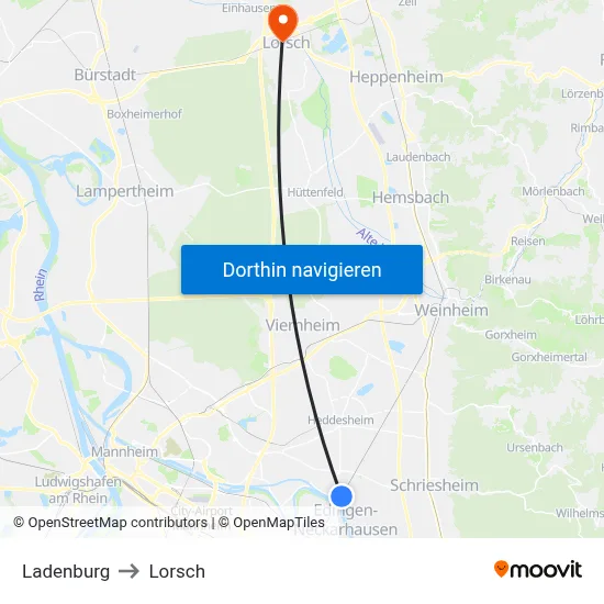 Ladenburg to Lorsch map