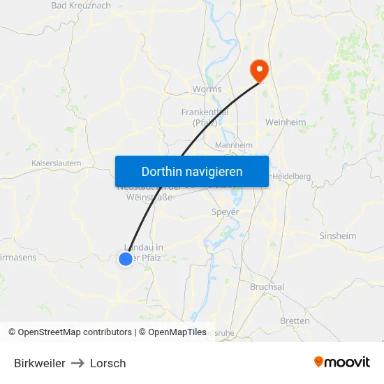 Birkweiler to Lorsch map