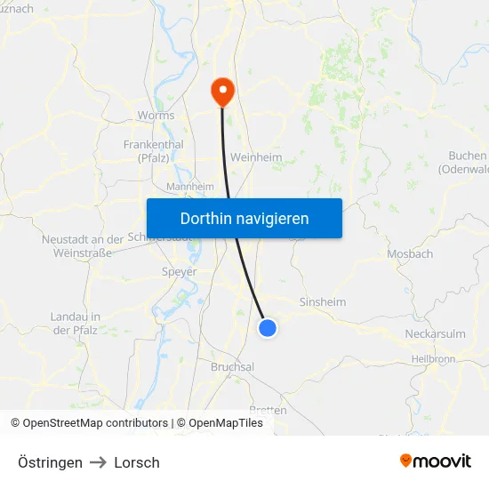 Östringen to Lorsch map