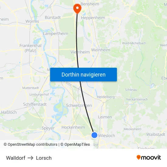 Walldorf to Lorsch map