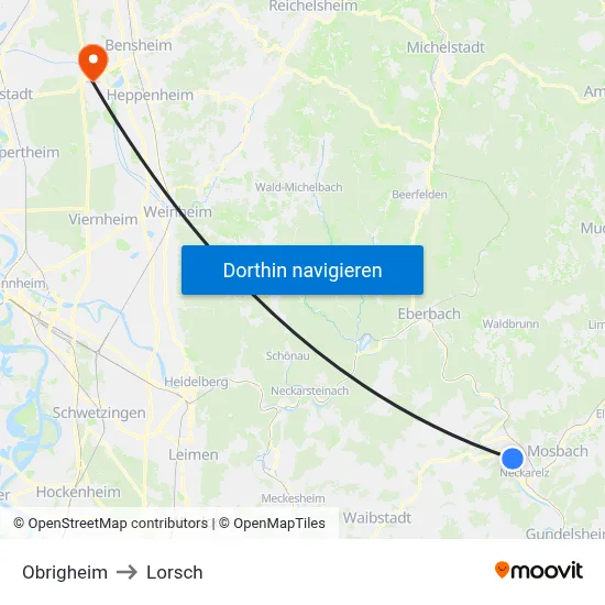 Obrigheim to Lorsch map