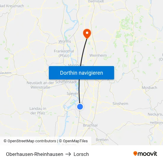 Oberhausen-Rheinhausen to Lorsch map
