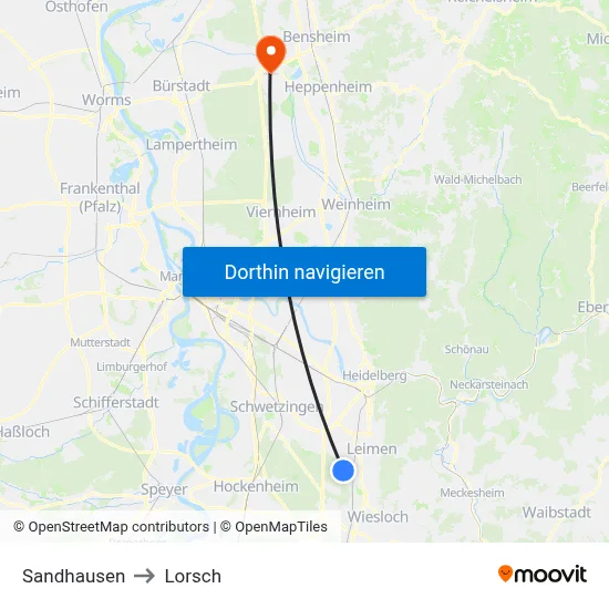 Sandhausen to Lorsch map