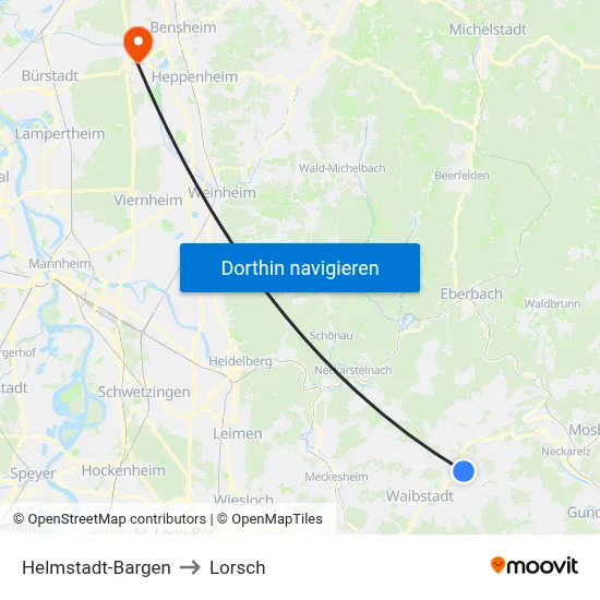 Helmstadt-Bargen to Lorsch map