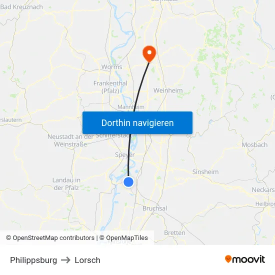 Philippsburg to Lorsch map