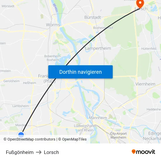 Fußgönheim to Lorsch map