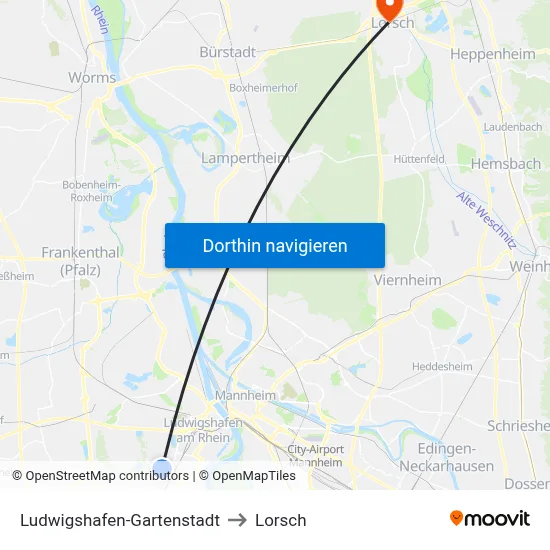 Ludwigshafen-Gartenstadt to Lorsch map