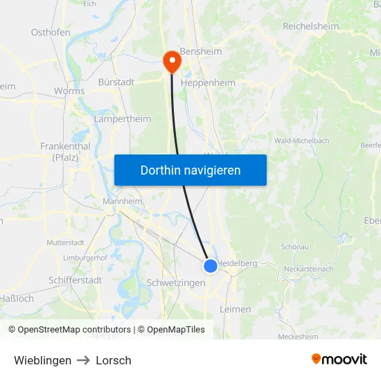 Wieblingen to Lorsch map
