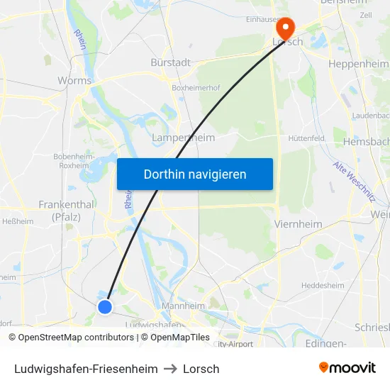 Ludwigshafen-Friesenheim to Lorsch map