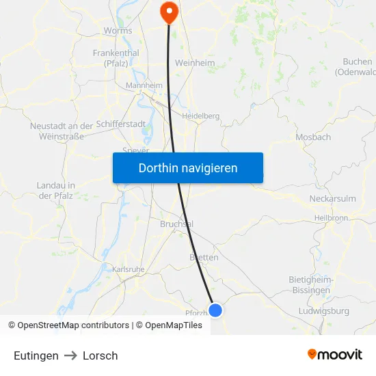 Eutingen to Lorsch map