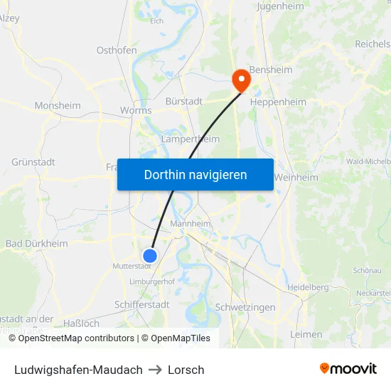 Ludwigshafen-Maudach to Lorsch map