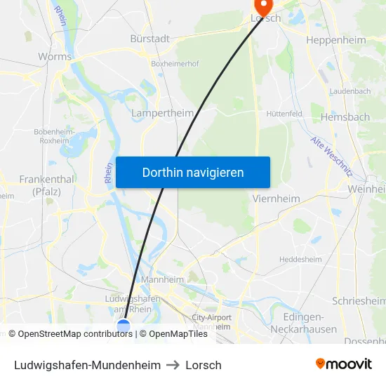 Ludwigshafen-Mundenheim to Lorsch map