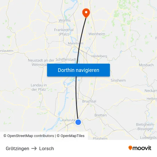 Grötzingen to Lorsch map