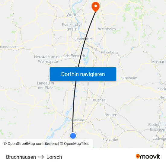 Bruchhausen to Lorsch map