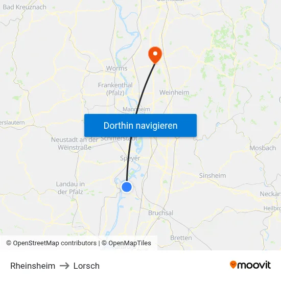 Rheinsheim to Lorsch map