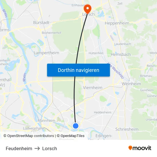 Feudenheim to Lorsch map