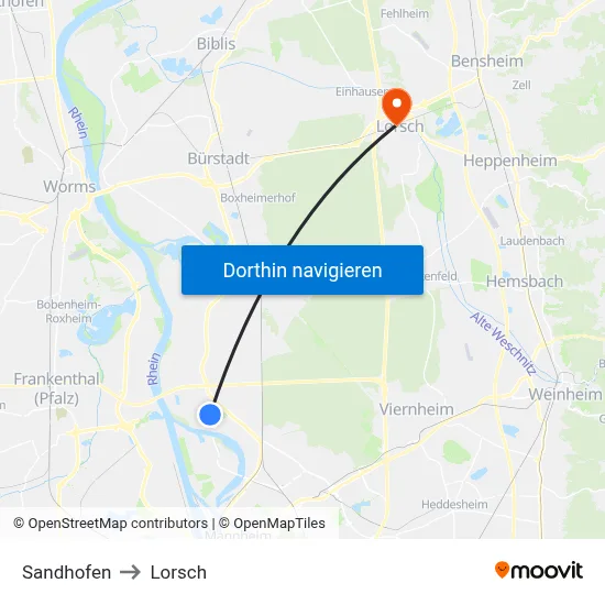 Sandhofen to Lorsch map